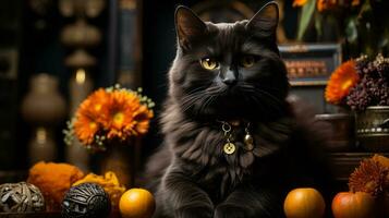 uma Preto gato salões no topo a laranja abóbora dentro uma acolhedor interior espaço, cercado de felidae e plantas para uma assustador dia das Bruxas, ai generativo foto