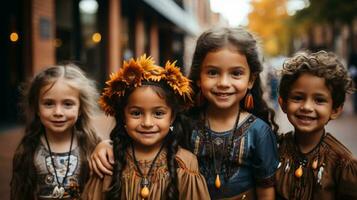 jovem garotas, em pé juntos em uma rua com flores dentro seus cabelo e radiante sorrisos, exalar uma feliz, despreocupado energia este captura a essência do infância, ai generativo foto