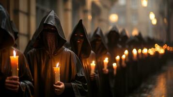 uma solene procissão do encapuzado figuras iluminado de tremeluzente luz de velas movimentos através a noite, uma poderoso lembrete do esperança dentro a escuridão, ai generativo foto