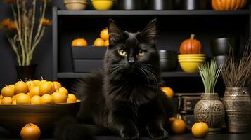 uma Preto gato sentado dentro frente do uma tigela do laranjas, ai generativo foto