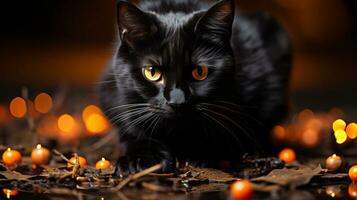 a tremeluzente luz do a vela iluminado a misterioso Preto gato com Está estranho laranja olhos, Está bigodes contração muscular dentro antecipação, ai generativo foto