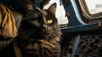 uma Preto gato sentado dentro uma avião, ai generativo foto