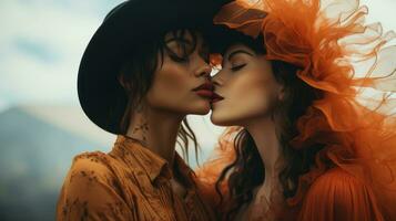 dois mulheres dentro laranja vestidos se beijando, ai generativo foto