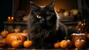 uma Preto gato sentado Próximo para abóboras dentro dia das Bruxas noite, ai generativo foto