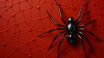 uma ameaçador Preto aranha teares ameaçadoramente contra uma ardente vermelho pano de fundo, evocando uma sentido do pavor e destacando a beleza e complexidade do a animal reino, ai generativo foto