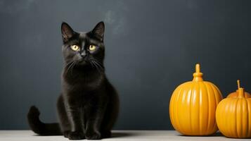 uma pernicioso Preto gato poleiros no topo uma gordo, laranja abóbora, convidativo espectadores para explorar a caprichoso, assustador atmosfera do dia das Bruxas dentro de casa, ai generativo foto