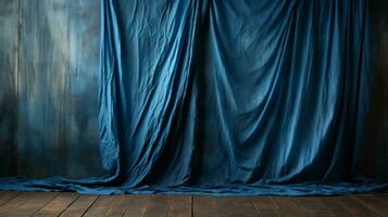 uma vibrante azul cortina ondas dentro a caloroso interior ar, convidativo uma sentido do calma e conforto para dentro a sala, ai generativo foto