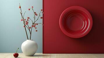 uma vibrante vermelho cerâmico vaso preenchidas com uma lindo ramalhete do flores, adicionando uma respingo do cor e vida para qualquer interior parede, ai generativo foto