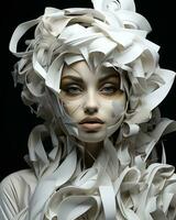 uma Eterno, enigmático estátua do uma mulher com Branca de Neve cabelo e intrincado Maquiagem carrinhos Como uma lindo e cativante peça do arte, ai generativo foto