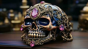 uma misterioso mascarar do uma crânio adornado com espumante jóias evoca uma sentido do assustador beleza e a desconhecido poder, ai generativo foto