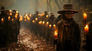 uma zumbi carrinhos dentro a Trevas do noite, iluminado de uma solteiro vela elas aguarde dentro seus com luva mãos, seus chapéu fundição uma esquentar, convidativo luz em a ao ar livre cena, ai generativo foto