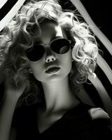 uma vanguardista menina com selvagem cachos e monocromático oculos de sol exala confiança e estilo Como ela olhares fixos friamente através dela colorido óculos, ai generativo foto