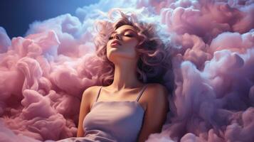 uma sonhadores mulher abraços a etéreo natureza do moda, cercado de a rosado neblina do infravermelho luz dentro a ao ar livre contexto, ai generativo foto