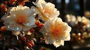 uma grupo do Rosa flores dentro uma Preto recipiente ai generativo foto