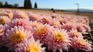 uma grupo do Rosa flores dentro uma Preto recipiente ai generativo foto