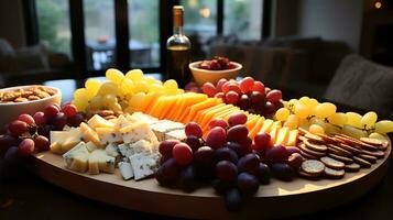 uma prato com pão, camarão e vinho ai generativo foto