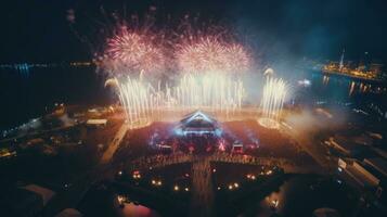 aéreo música festival com estágios, multidões, e fogos de artifício. generativo ai foto
