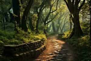 enrolamento caminho através sereno floresta. generativo ai foto