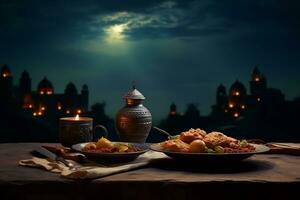Ramadã iftar refeição com cópia de espaço. generativo ai foto