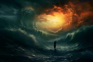 uma pessoas silhueta dentro uma tormentoso mar. generativo ai foto