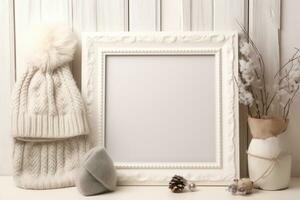 inverno brincar com em branco quadro, Armação e luvas. generativo ai foto