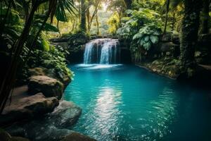 cascata em cascata para dentro Claro azul piscina. generativo ai foto