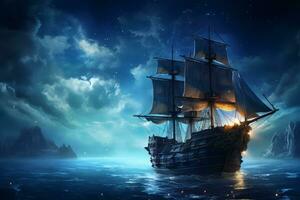 pirata navio debaixo estrelado noite céu. generativo ai foto