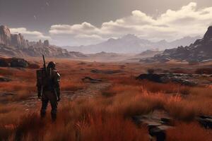 atmosférico captura de tela do uma jogadoras personagem embarcar em uma perigoso jornada. generativo ai foto