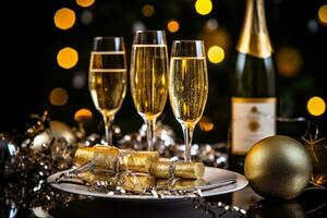 festivo mesa configuração com champanhe e favores. generativo ai foto