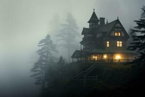 assombrada casa cercado de névoa. generativo ai foto