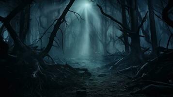 assombrada floresta com névoa e brilhando olhos encarando a partir de a sombras. generativo ai foto