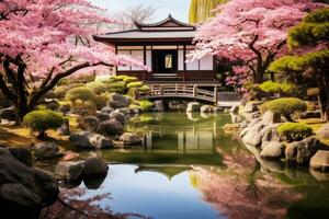 tranquilo japonês jardim com sereno lago. generativo ai foto