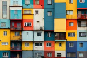 uma multicolorido construção com múltiplo janelas e varandas. generativo ai foto