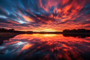 lindo pôr do sol refletindo a céu e nuvens. generativo ai foto