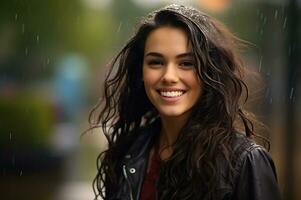 lindo jovem mulher com molhado cabelo dentro a chuva ai generativo foto