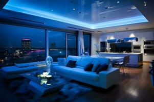 moderno luxo apartamento com brilhante azul luz ai generativo foto