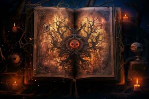 a intrincado ilustração do uma bruxa antigo livro de feitiços ai generativo foto