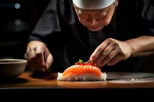 ai generativo japonês chefe de cozinha é fazer Sushi foto