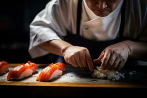 ai generativo japonês chefe de cozinha é fazer Sushi foto