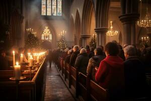 ai generativo encantador imagem do uma Igreja meia noite Natal serviço foto