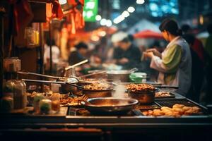 ai generativo imagem do uma movimentado japonês rua Comida mercado foto