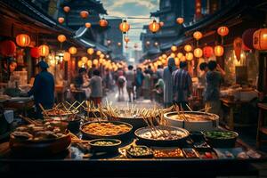 ai generativo imagem do uma movimentado japonês rua Comida mercado foto