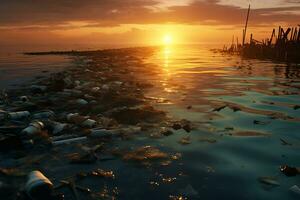 pôr do sol sobre poluído litoral revela de Meio Ambiente danificar ai generativo foto