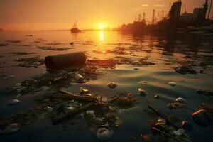pôr do sol sobre poluído litoral revela de Meio Ambiente danificar ai generativo foto