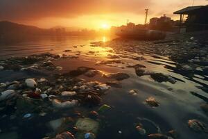 pôr do sol sobre poluído litoral revela de Meio Ambiente danificar ai generativo foto