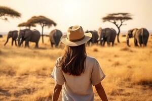 uma lindo fêmea turista explorar uma savana ai generativo foto