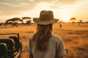 uma lindo fêmea turista explorar uma savana ai generativo foto