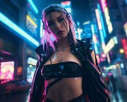 uma foto do uma menina dentro uma iluminado por neon cyberpunk vestuário dentro uma futurista paisagem urbana às noite ai generativo