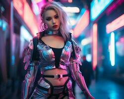 uma foto do uma menina dentro uma iluminado por neon cyberpunk vestuário dentro uma futurista paisagem urbana às noite ai generativo