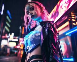 uma foto do uma menina dentro uma iluminado por neon cyberpunk vestuário dentro uma futurista paisagem urbana às noite ai generativo